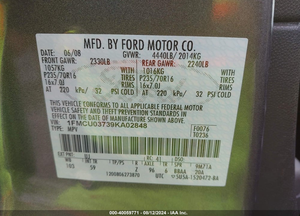 2009 FORD ESCAPE XLT VIN: 1FMCU03739KA02848