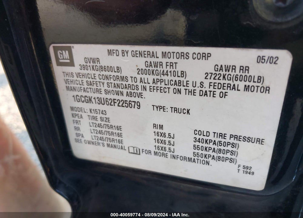 2002 CHEVROLET SILVERADO 1500HD LS VIN: 1GCGK13U62F225679