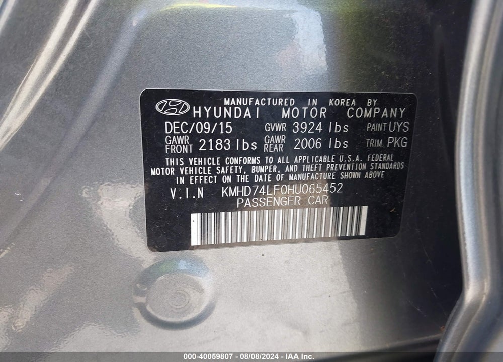 2017 HYUNDAI ELANTRA VIN: KMHD74LF0HU065452