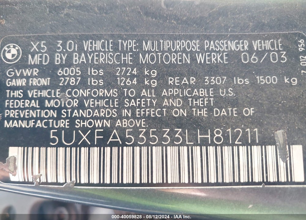 2003 BMW X5 3.0I VIN: 5UXFA53533LH81211