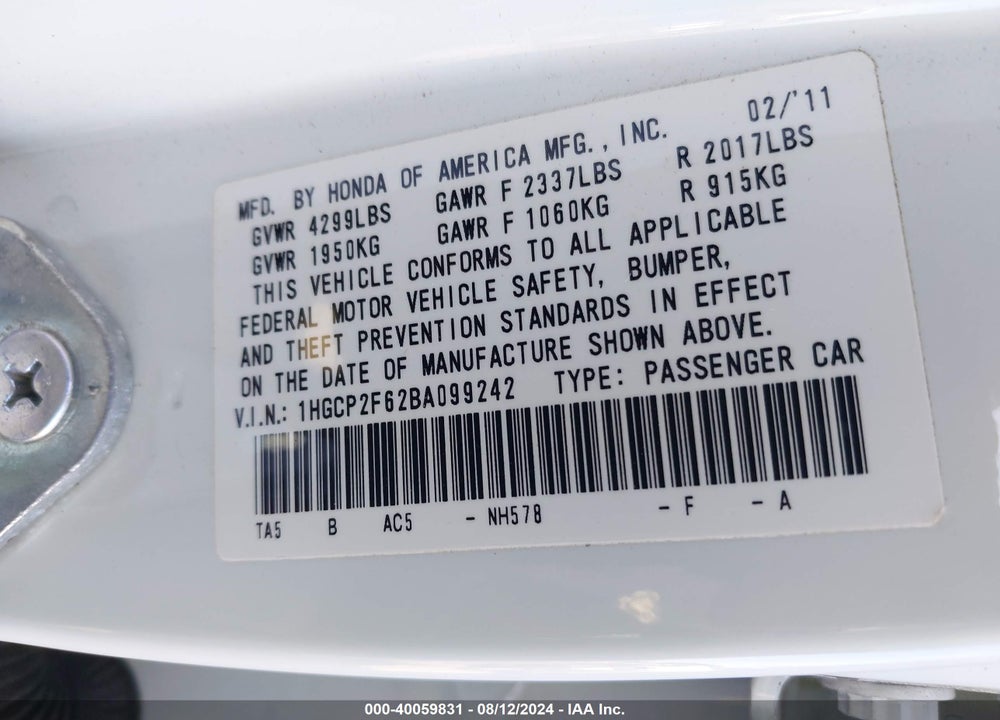 2011 HONDA ACCORD 2.4 SE VIN: 1HGCP2F62BA099242