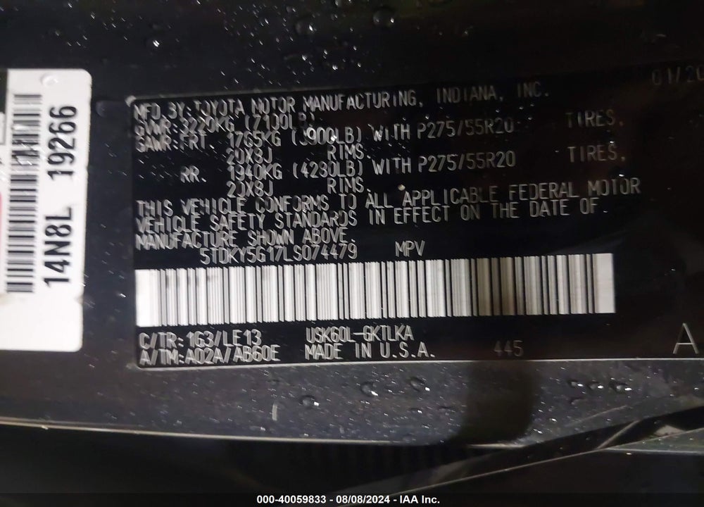 2020 TOYOTA SEQUOIA LIMITED VIN: 5TDKY5G17LS074479