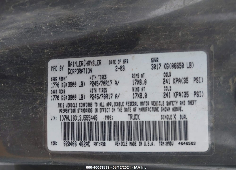 2003 DODGE RAM 1500 SLT/LARAMIE/ST VIN: 1D7HU18D13J595448