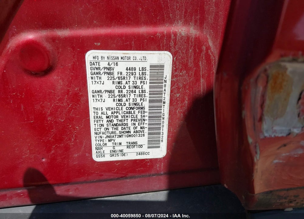 2016 NISSAN ROGUE S VIN: JN8AT2MT1GW001326