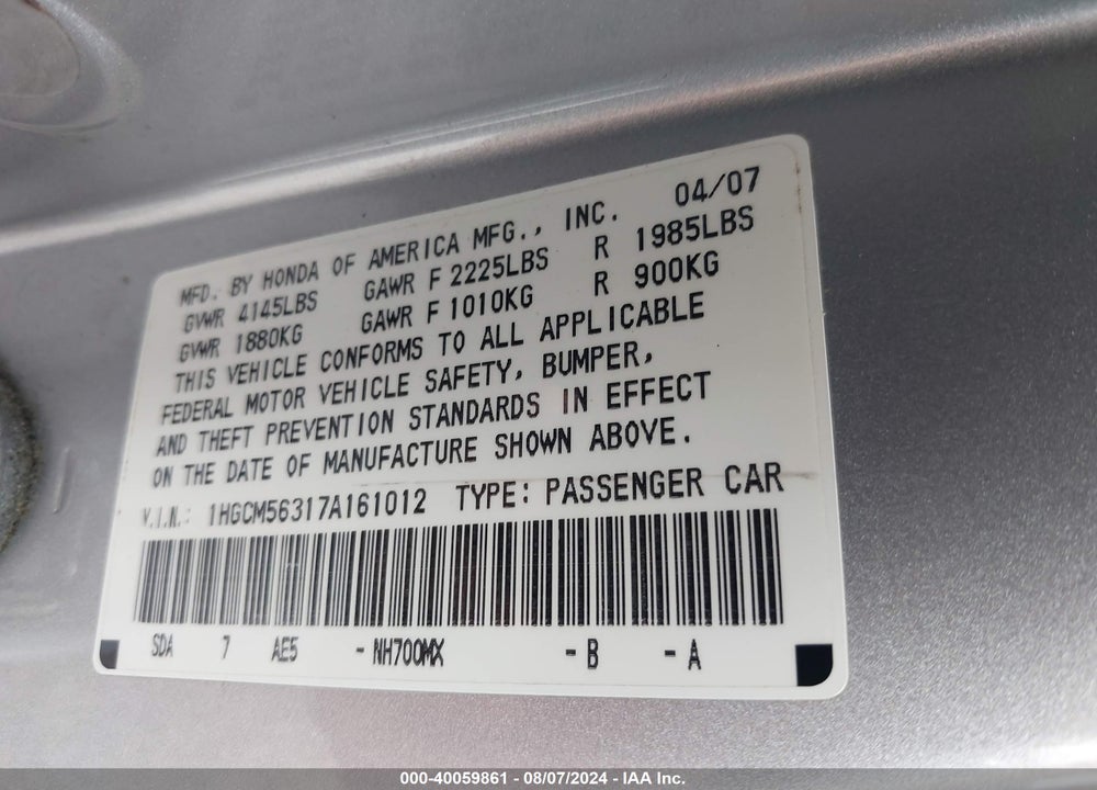 2007 HONDA ACCORD 2.4 SE VIN: 1HGCM56317A161012