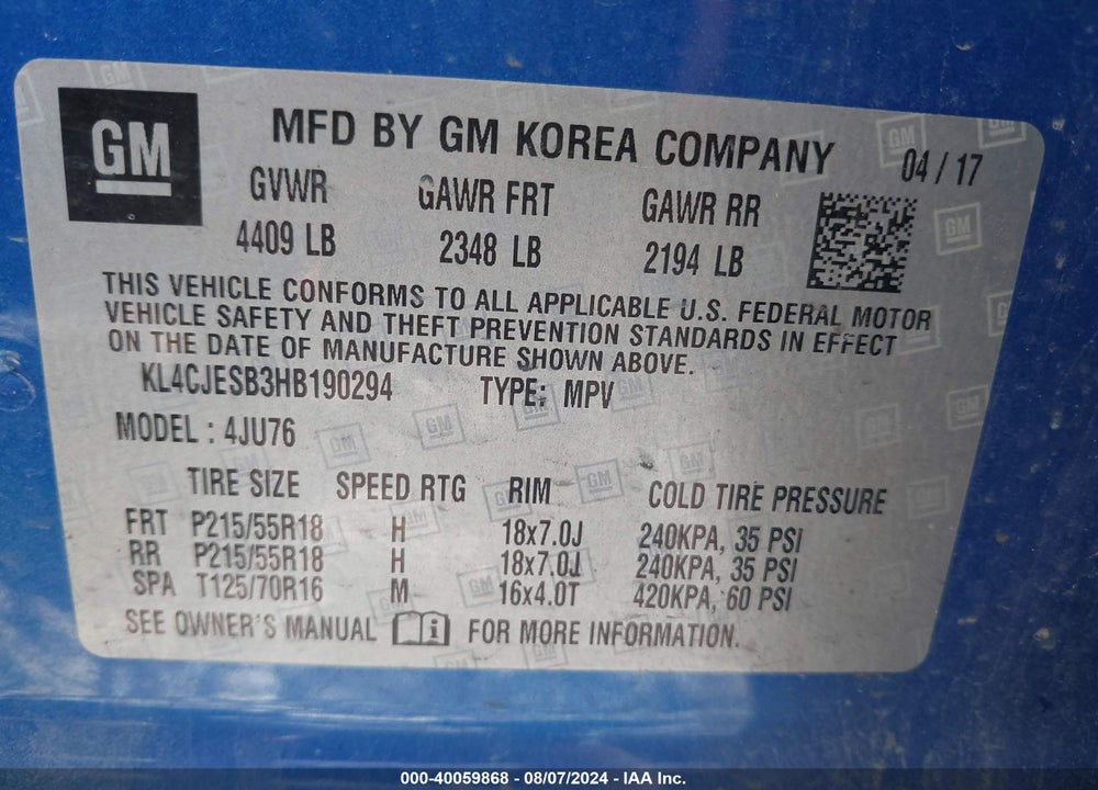 2017 BUICK ENCORE PREFERRED VIN: KL4CJESB3HB190294