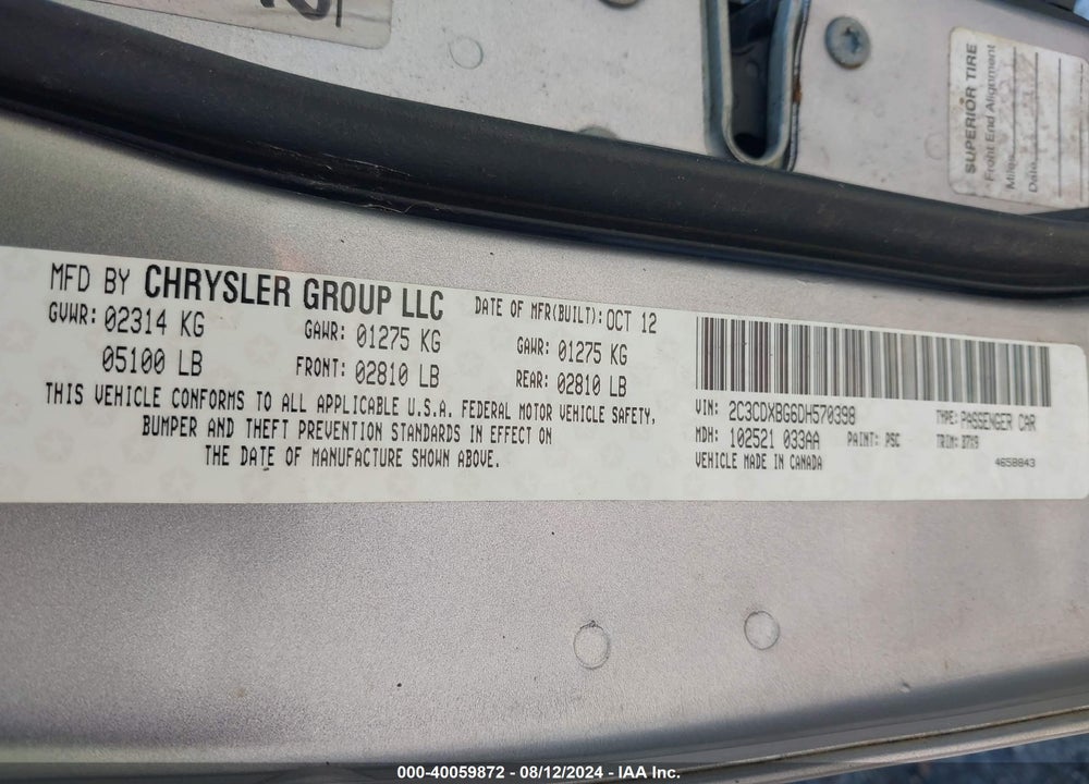 2013 DODGE CHARGER SE VIN: 2C3CDXBG6DH570398