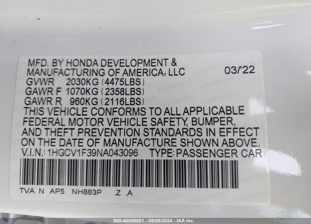 2022 HONDA ACCORD SPORT VIN: 1HGCV1F39NA043096