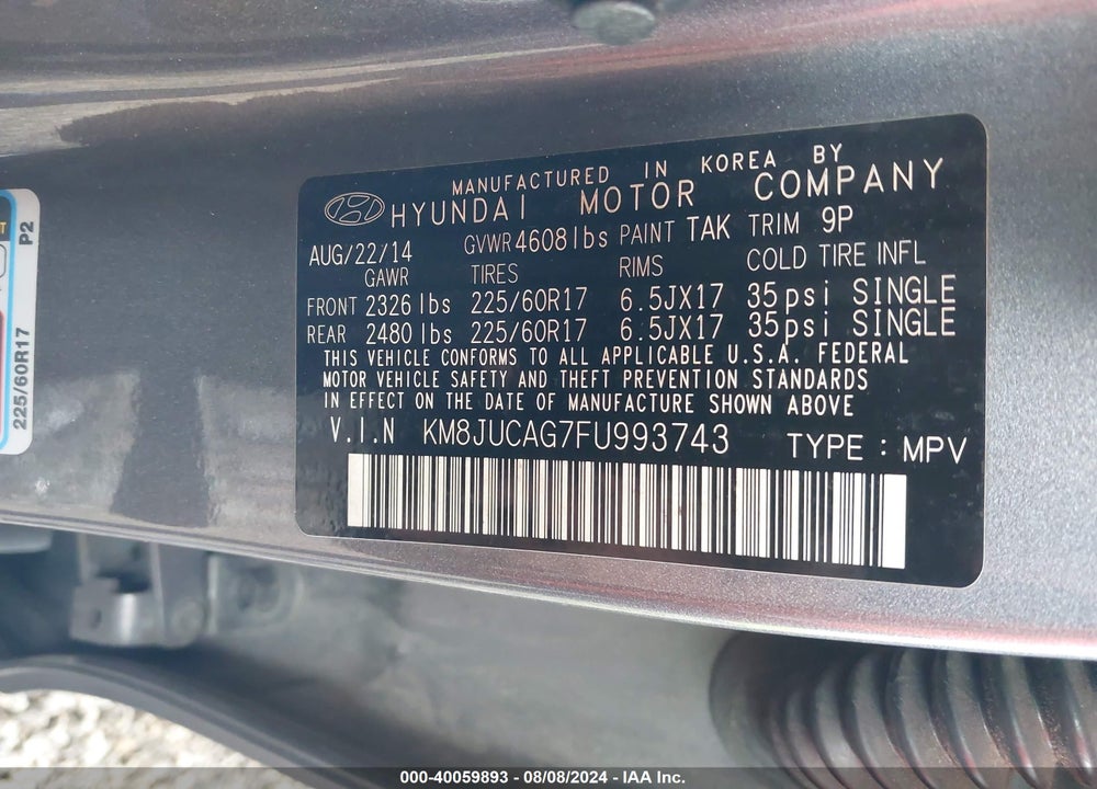 2015 HYUNDAI TUCSON SE VIN: KM8JUCAG7FU993743