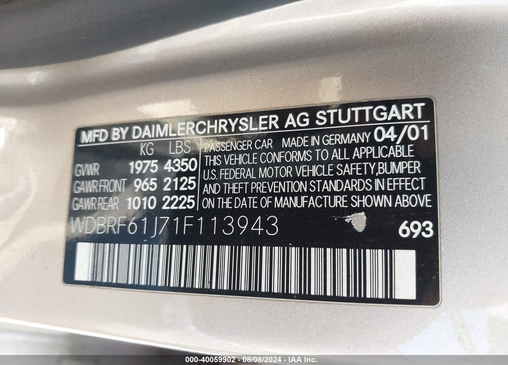 2001 MERCEDES-BENZ C 240 VIN: WDBRF61J71F113943