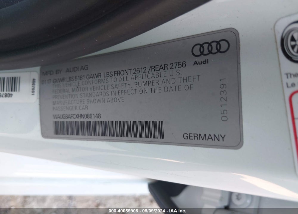 2017 AUDI A6 2.0T PREMIUM VIN: WAUG8AFCXHN089148