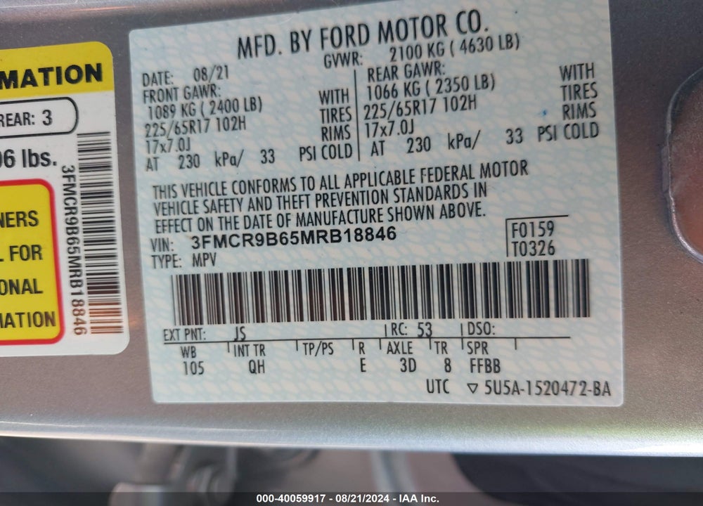 2021 FORD BRONCO SPORT BIG BEND VIN: 3FMCR9B65MRB18846