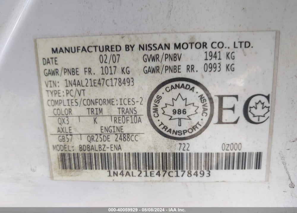 2007 NISSAN ALTIMA 2.5 S VIN: 1N4AL21E47C178493
