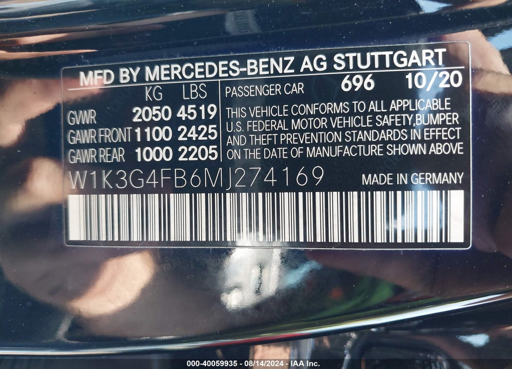 2021 MERCEDES-BENZ A 220 4MATIC VIN: W1K3G4FB6MJ274169