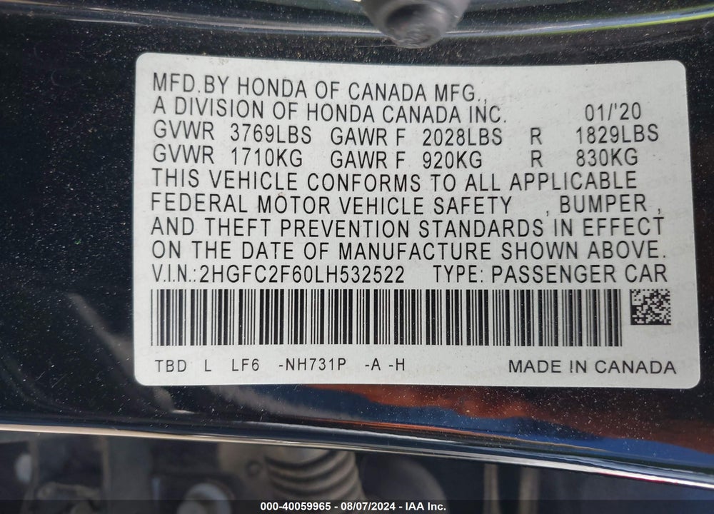2020 HONDA CIVIC LX VIN: 2HGFC2F60LH532522