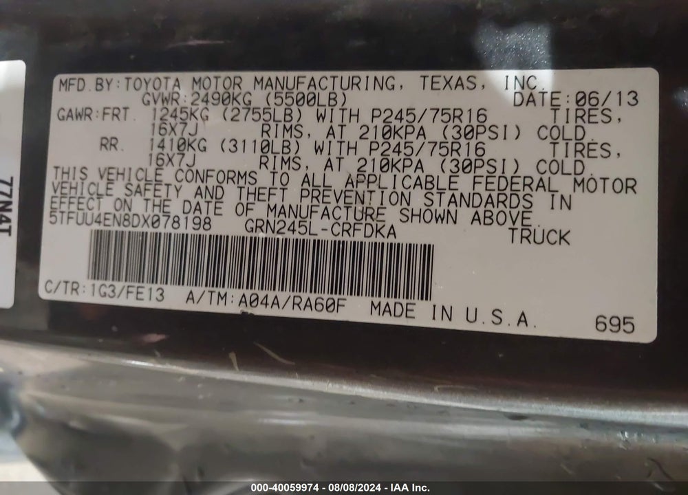 2013 TOYOTA TACOMA BASE V6 VIN: 5TFUU4EN8DX078198