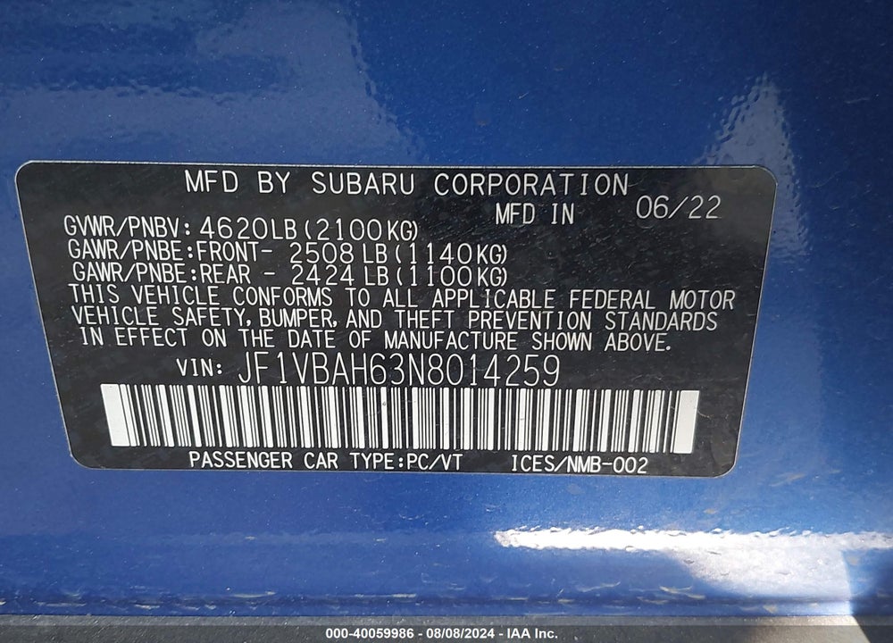 2022 SUBARU WRX PREMIUM VIN: JF1VBAH63N8014259