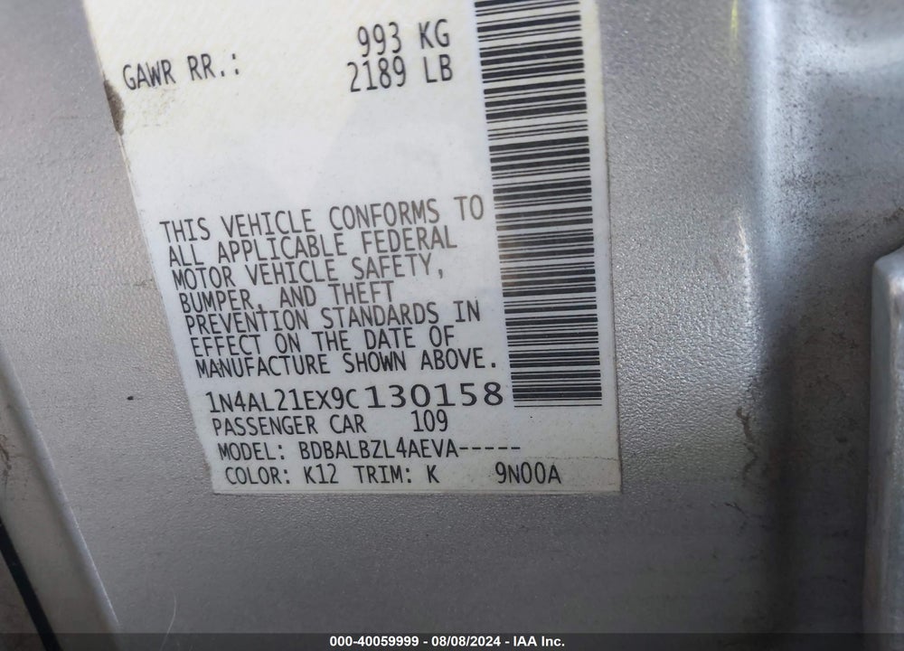 2009 NISSAN ALTIMA 2.5 S VIN: 1N4AL21EX9C130158