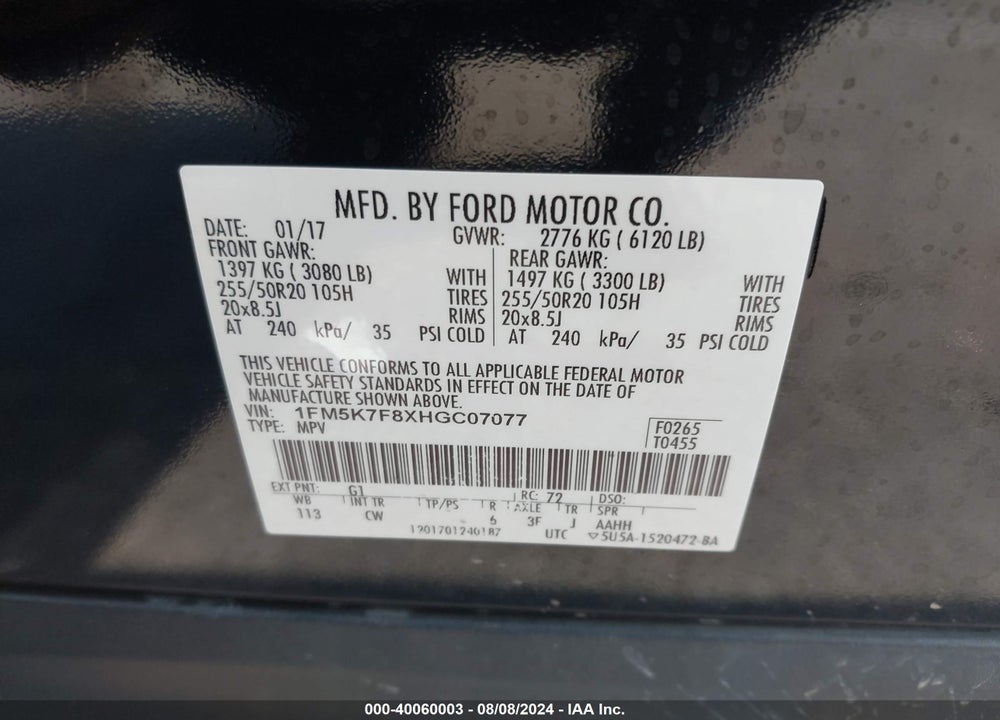 2017 FORD EXPLORER VIN: 1FM5K7F8XHGC07077