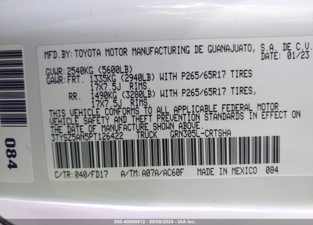 2023 TOYOTA TACOMA TRD SPORT VIN: 3TYSZ5AN5PT126422