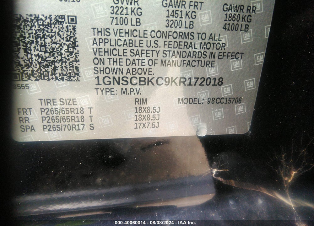 2019 CHEVROLET TAHOE LT VIN: 1GNSCBKC9KR172018