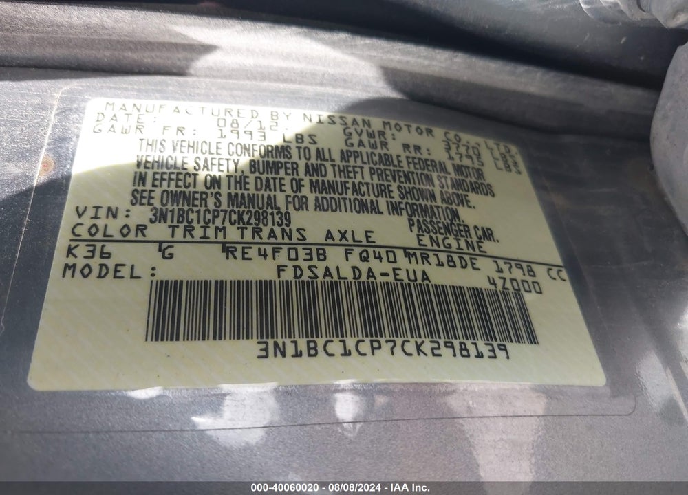 2012 NISSAN VERSA 1.8 S VIN: 3N1BC1CP7CK298139
