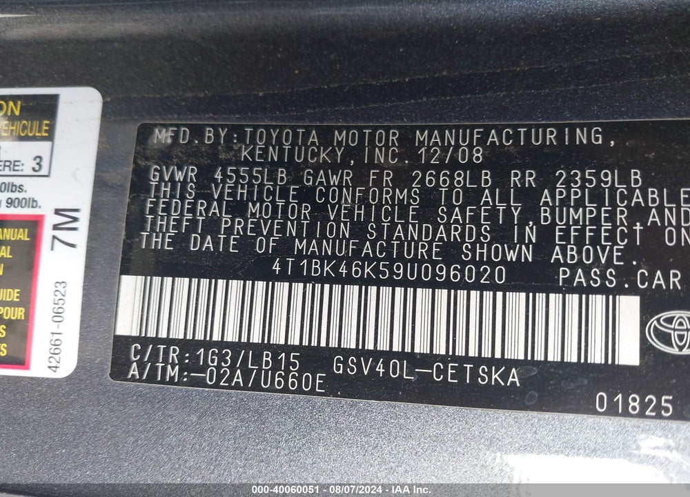 2009 TOYOTA CAMRY SE V6 VIN: 4T1BK46K59U096020