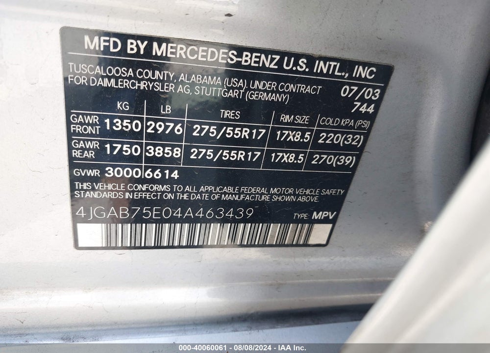 2004 MERCEDES-BENZ ML 500 4MATIC VIN: 4JGAB75E04A463439