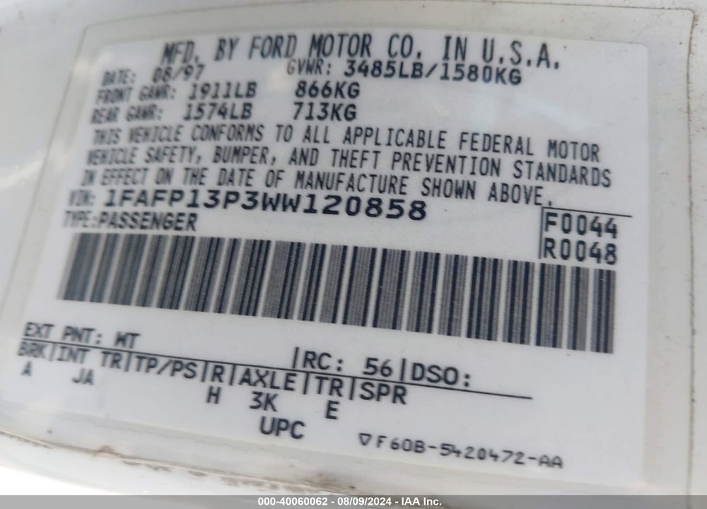1998 FORD ESCORT SE VIN: 1FAFP13P3WW120858