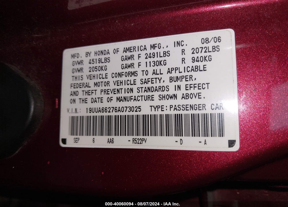 2006 ACURA TL VIN: 19UUA66276A073025