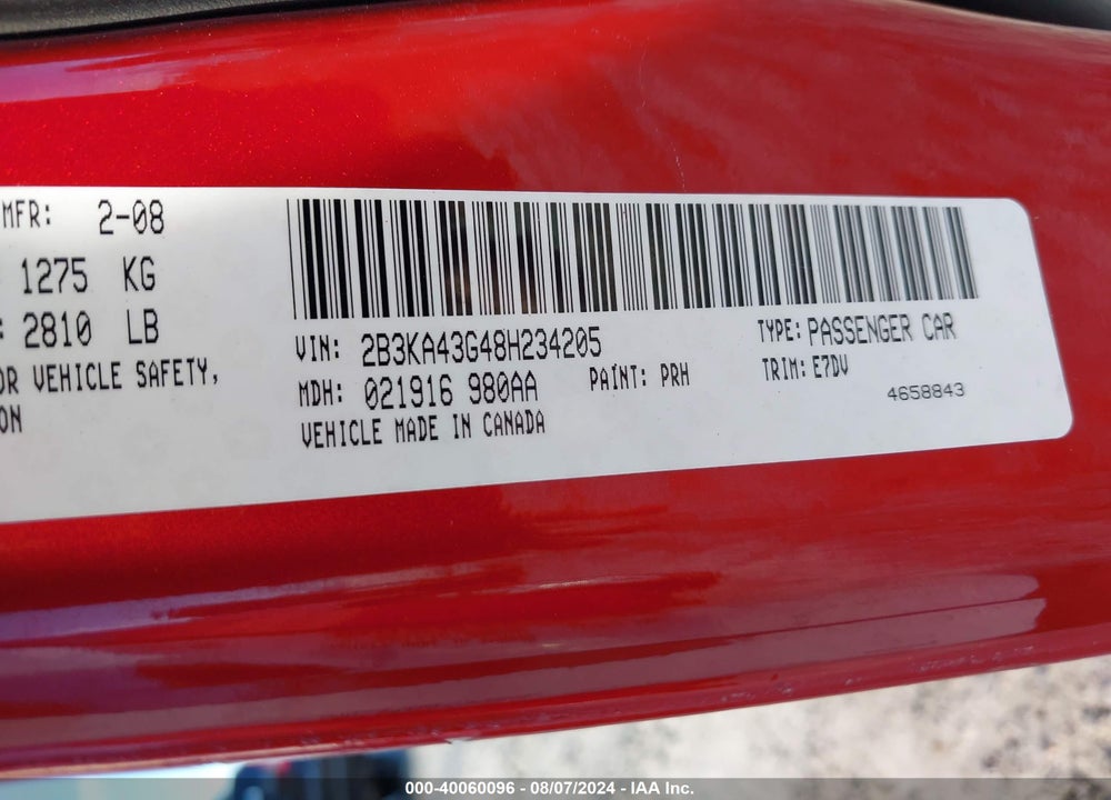 2008 DODGE CHARGER VIN: 2B3KA43G48H234205