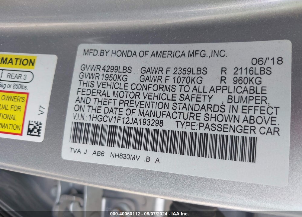 2018 HONDA ACCORD LX VIN: 1HGCV1F12JA193298