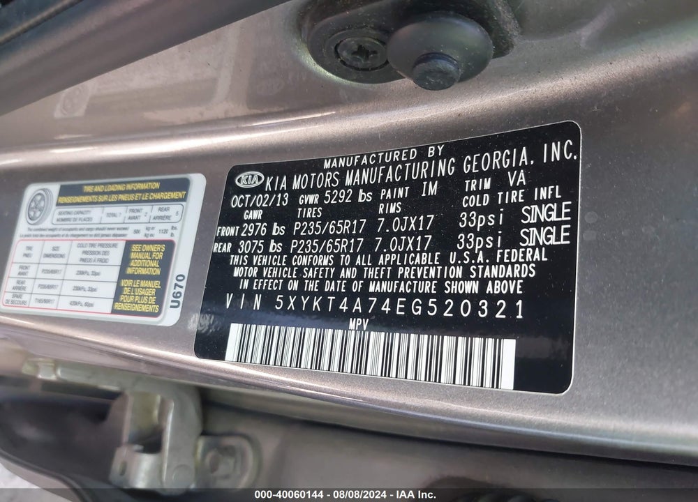 2014 KIA SORENTO VIN: 5XYKT4A74EG520321