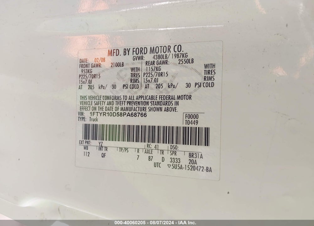 2008 RANGER FORD  XL/XLT VIN: 1FTYR10D58PA68766