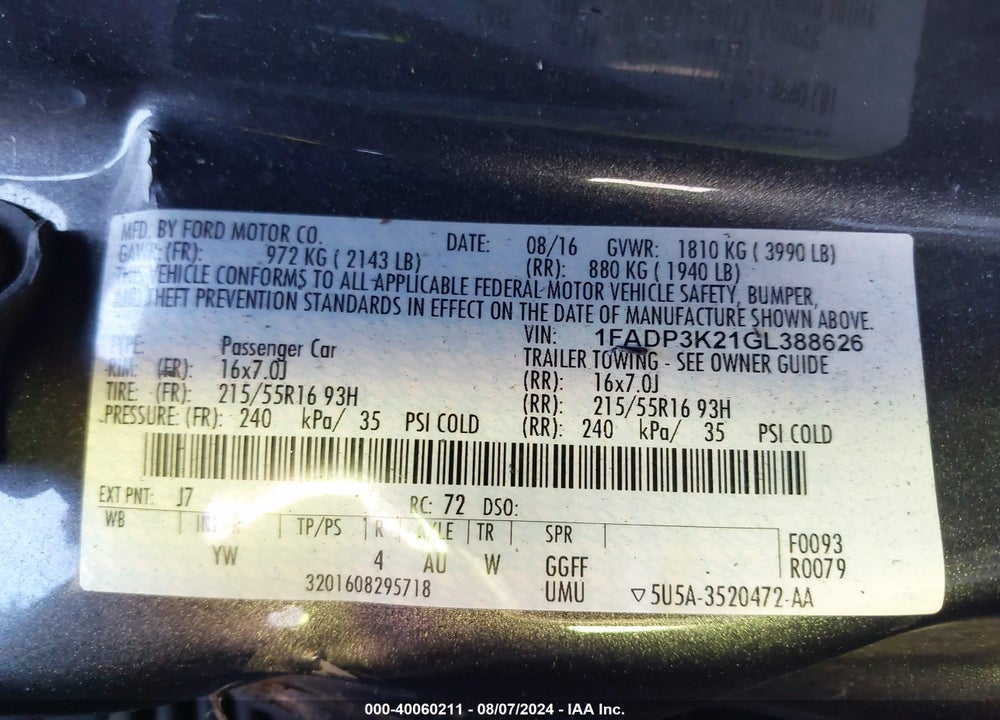 2016 FORD FOCUS SE VIN: 1FADP3K21GL388626