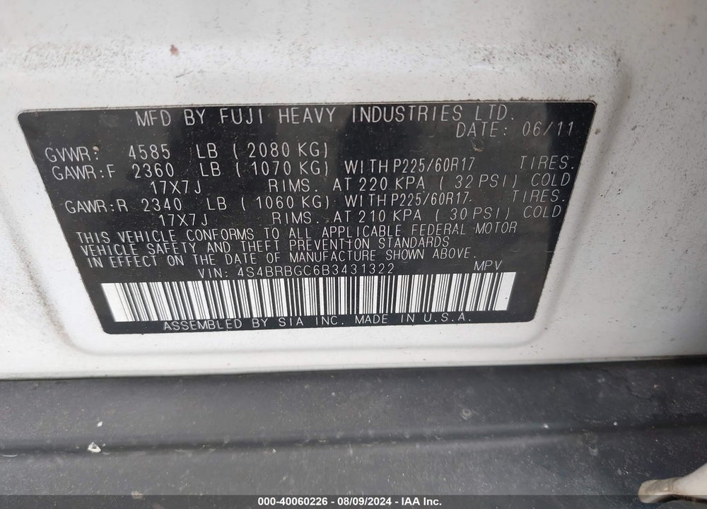 2011 SUBARU OUTBACK 2.5I PREMIUM VIN: 4S4BRBGC6B3431322