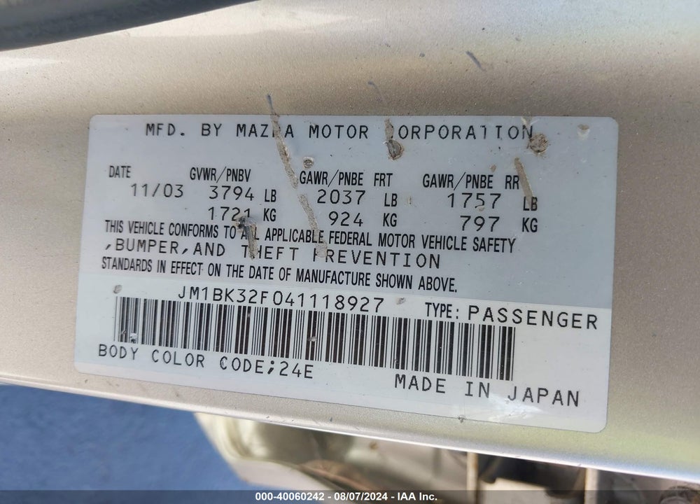 2004 MAZDA 3 I VIN: JM1BK32F041118927