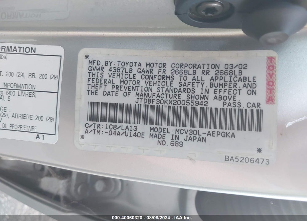 2002 TOYOTA CAMRY XLE V6 VIN: JTDBF30KX20055942
