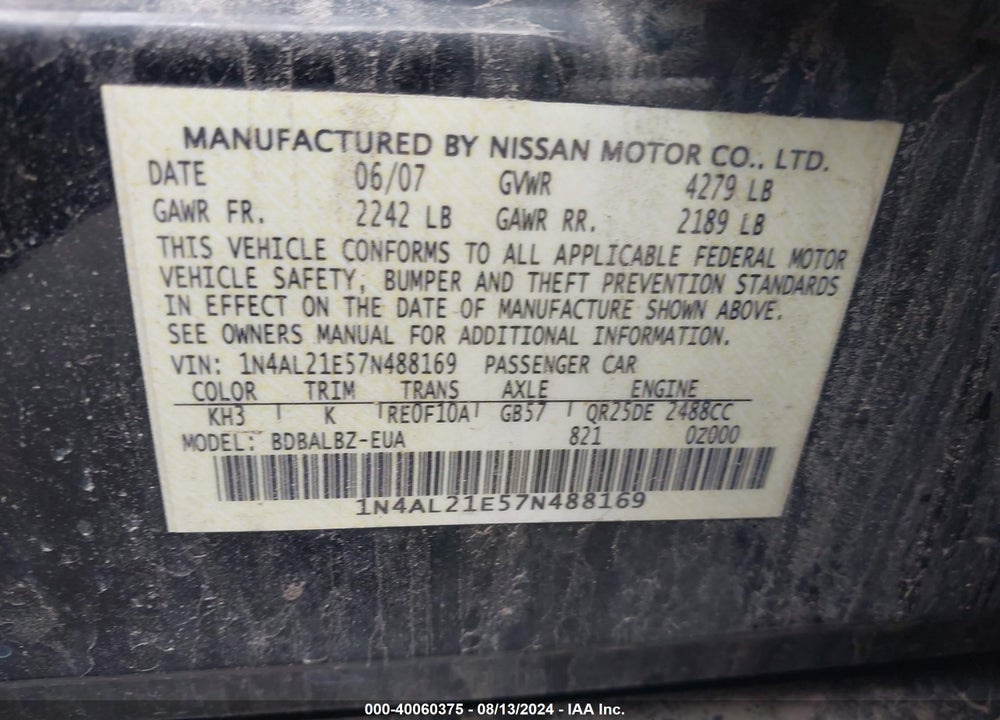 2007 NISSAN ALTIMA 2.5 S VIN: 1N4AL21E57N488169