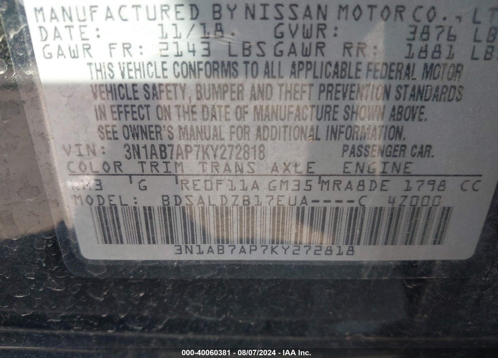 2019 NISSAN SENTRA SV VIN: 3N1AB7AP7KY272818