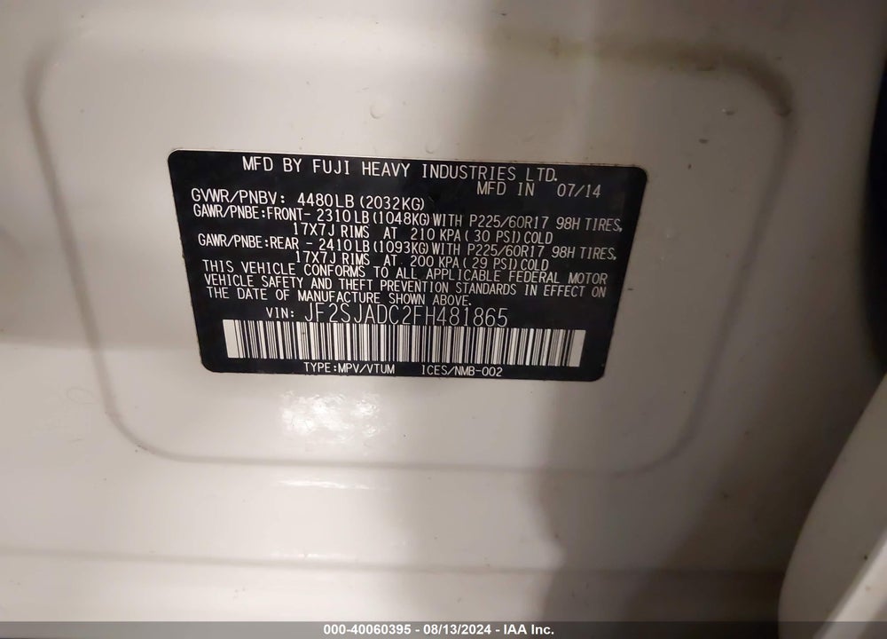2015 SUBARU FORESTER 2.5I PREMIUM VIN: JF2SJADC2FH481865