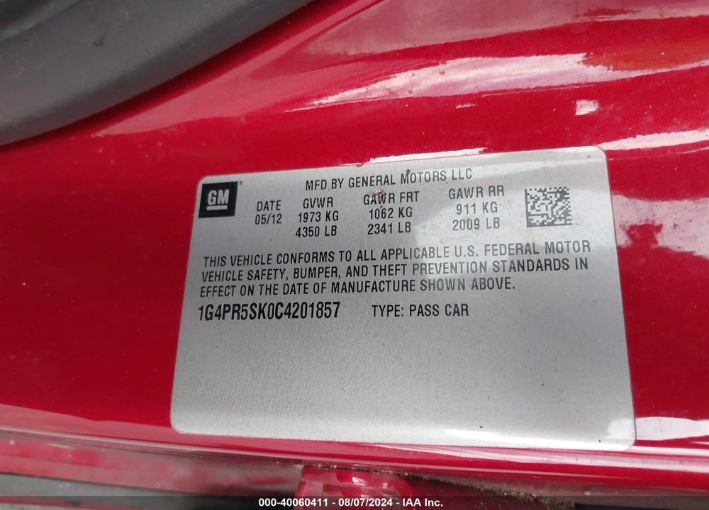 2012 BUICK VERANO CONVENIENCE GROUP VIN: 1G4PR5SK0C4201857