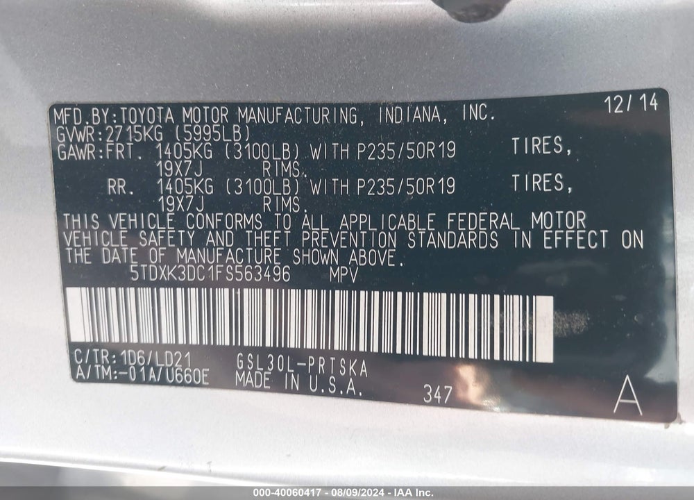 2015 TOYOTA SIENNA SE PREMIUM 8 PASSENGER VIN: 5TDXK3DC1FS563496