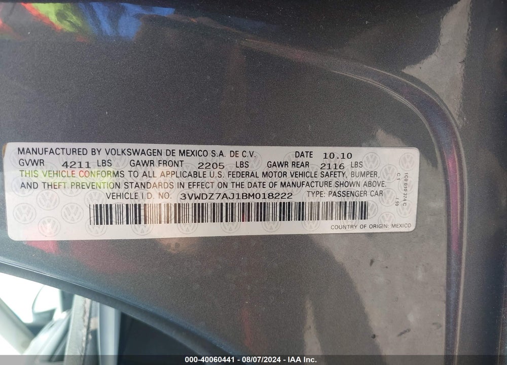 2011 VOLKSWAGEN JETTA 2.5L SE VIN: 3VWDZ7AJ1BM018222