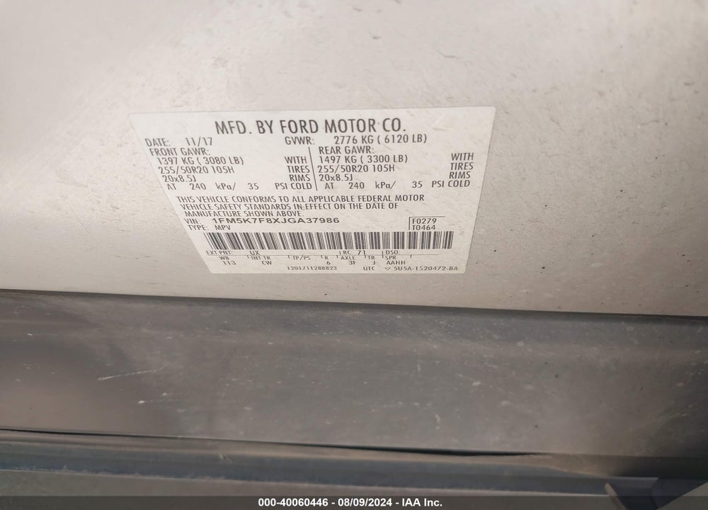 2018 FORD EXPLORER LIMITED VIN: 1FM5K7F8XJGA37986