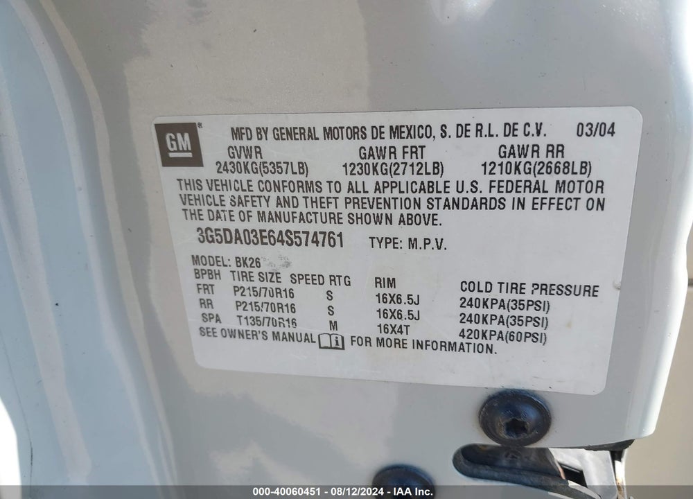 2004 BUICK RENDEZVOUS CX VIN: 3G5DA03E64S574761