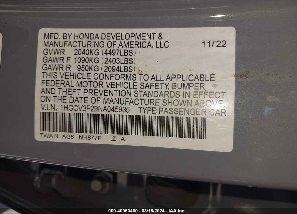 2022 HONDA ACCORD HYBRID SPORT VIN: 1HGCV3F29NA045935