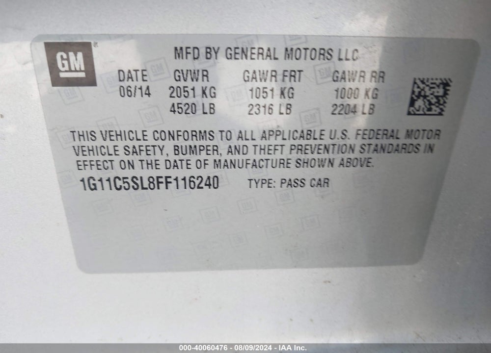 2015 CHEVROLET MALIBU 1LT VIN: 1G11C5SL8FF116240