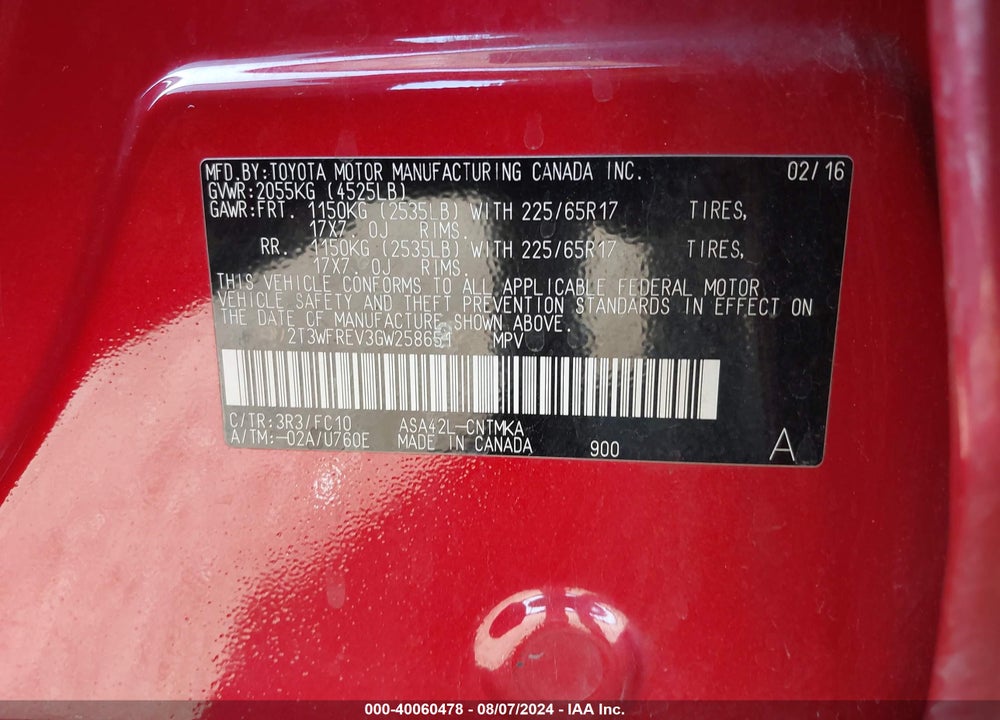 2016 TOYOTA RAV4 XLE VIN: 2T3WFREV3GW258651