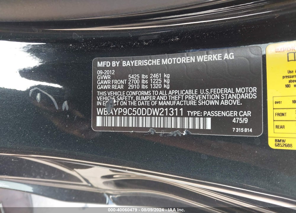 2013 BMW 650I VIN: WBAYP9C50DDW21311